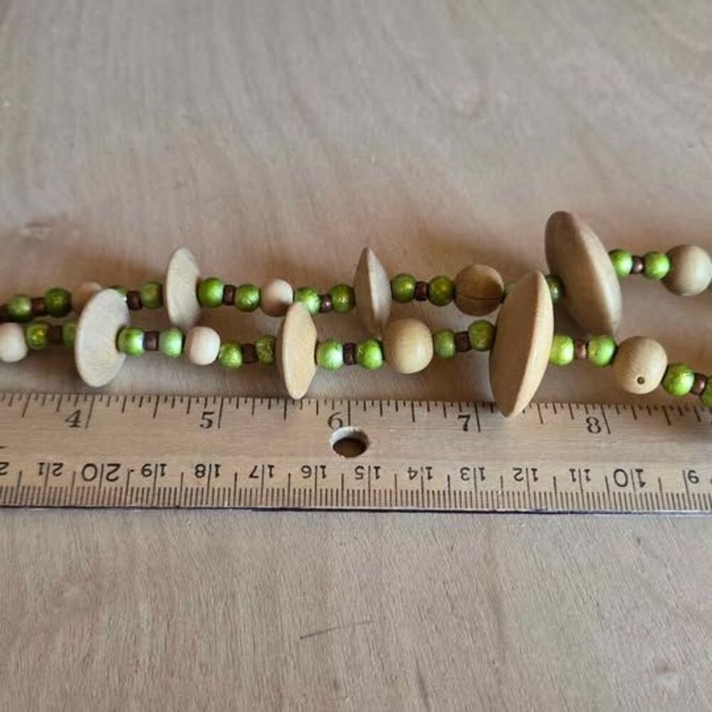 Handmade Wooden Bead Statement Necklace | Green & Natural Wood Boho Necklace - Picture 5 of 5